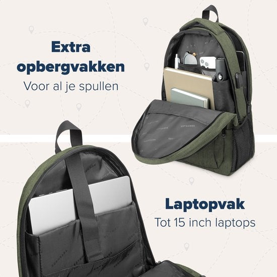 TRVLMORE Rucksack - 28L - 15.6 Zoll - Laptop-Rucksack - Schultasche - Unisex - Spritzwassergeschützt Grün
