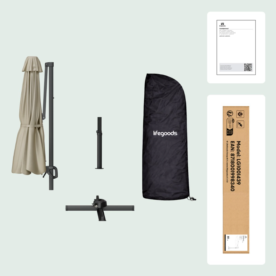 LifeGoods Schwebender Sonnenschirm Ø300 cm - 360° drehbar - 6 Ständer - Inkl. Abdeckung - Taupe