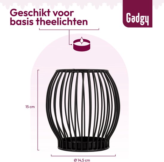 Gadgy Teelichthalter, rund – Kleiner Teelichthalter – Wohnzimmerdekoration – Stimmungsbeleuchtung für den Innenbereich – Teelichthalter, 14,5 x 15 cm – Windlicht aus Metall – Schwarz – Geschenk für Frauen