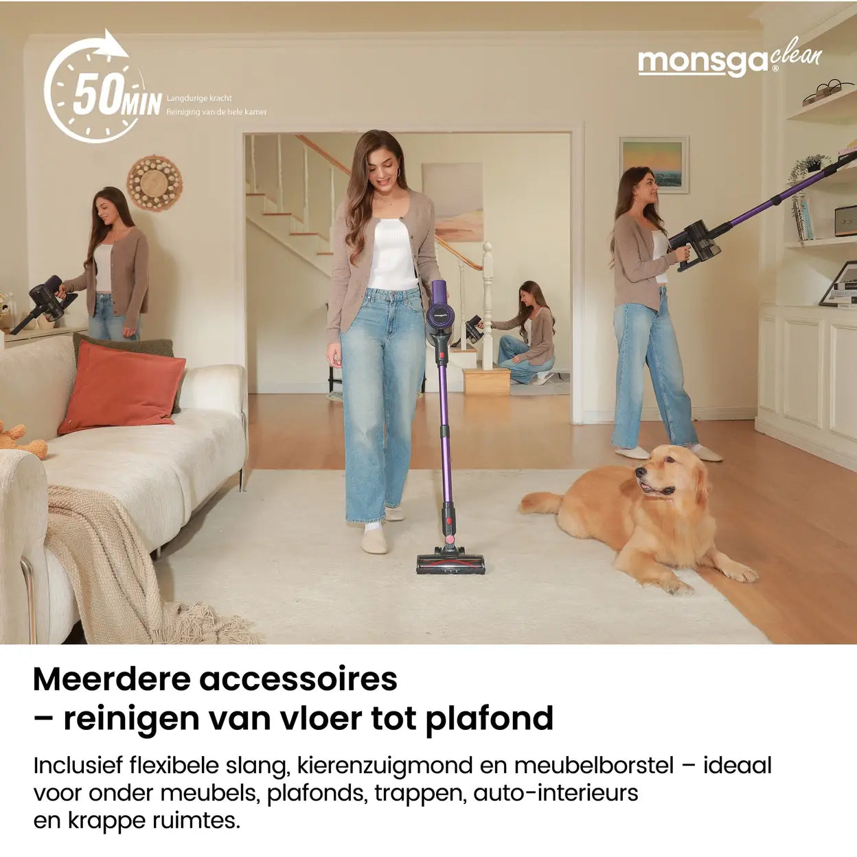 Monsga M100 Akku-Stabstaubsauger 55.000 Pa – 45 Min. Betriebsdauer – 1,8 l Staubbehälter – LED-Touchdisplay – Anti-Verfilzungsbürste – Grünes LED-Licht