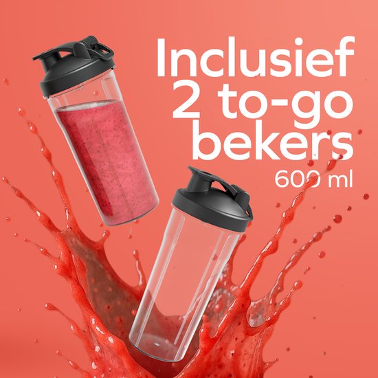 KitchenBrothers Mini Mixer - Mixer zum Mitnehmen - 2 Ständer - Smoothie Maker - 2 To-Go Becher 600 ml - Schwarz