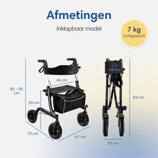 SafeLife Rollator - Verstellbar, faltbar & mit Sitzfunktion - 137 kg Tragfähigkeit - 70 x 61 x 95 cm - Schwarz