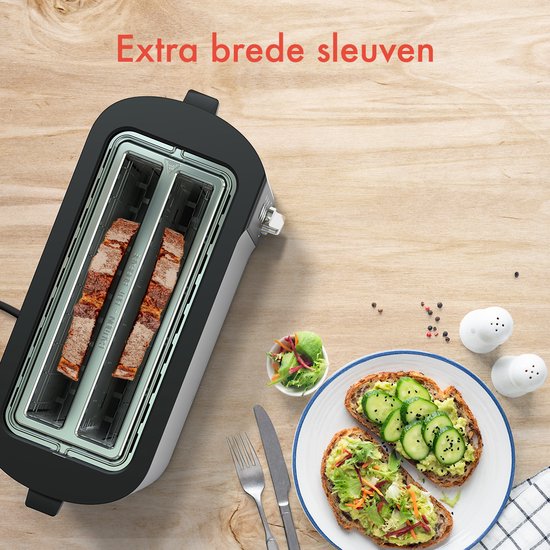 KitchenBrothers Toaster - Toaster - 6 Heizstufen - 2 extra lange Schlitze - 1520W - Edelstahl/Schwarz