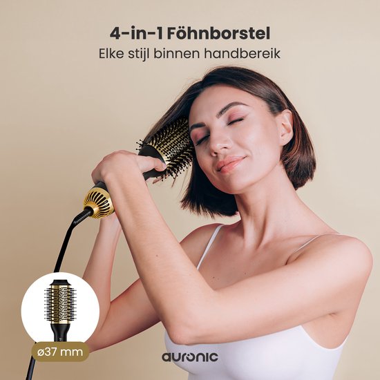 Auronic 4-in-1 Haartrocknerbürste - Airstyler - Kämme - Styles - Locken - Föhnen - 37 mm Lockenbürste - 360 Grad Luftstrom - Schwarz/Gold