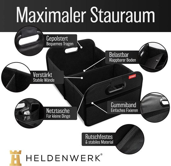 HELDENWERK Kofferraumtasche faltbar und stabil - Kofferraum-Organizer Einkaufstasche zur praktischen Aufbewahrung - Auto-Faltbox, Kofferraumbox (schwarz)