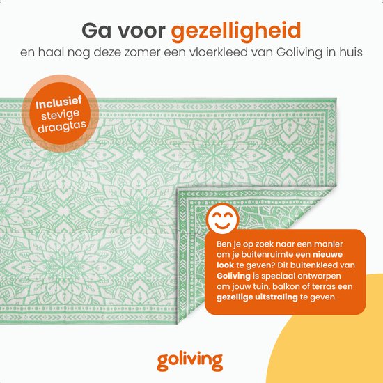 Goliving Outdoor Teppich Sommer Flora - 183x290CM - Gartenteppich - Outdoor Teppich - Teppich - Gartenteppich - Reversibel - Inkl. Tragetasche - Grün/Weiß