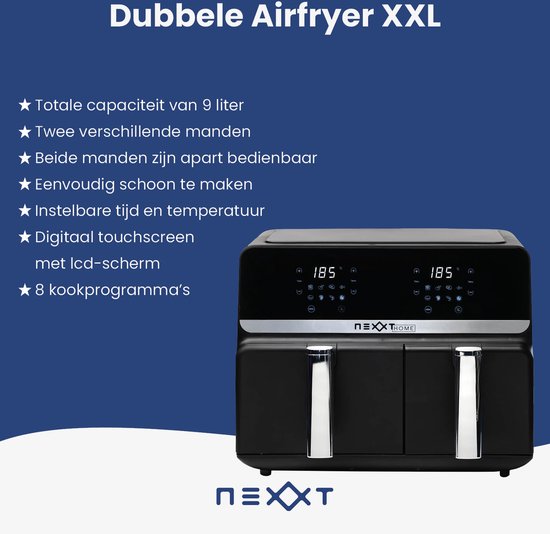 Nexxt Digital Double Airfryer XXL - Heißluftfritteuse mit Touchscreen - Fassungsvermögen 5,5 + 3,5 Liter - 8 Kochprogramme - Schwarz