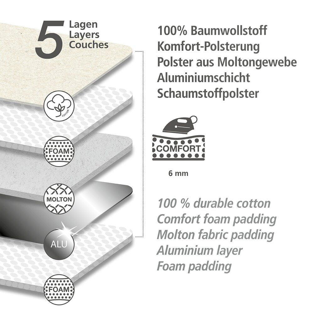 WENKO Air Comfort Blitzbügler Bügelbrettbezug XL/Universal – bis zu 140 x 48 cm – 5 Lagen