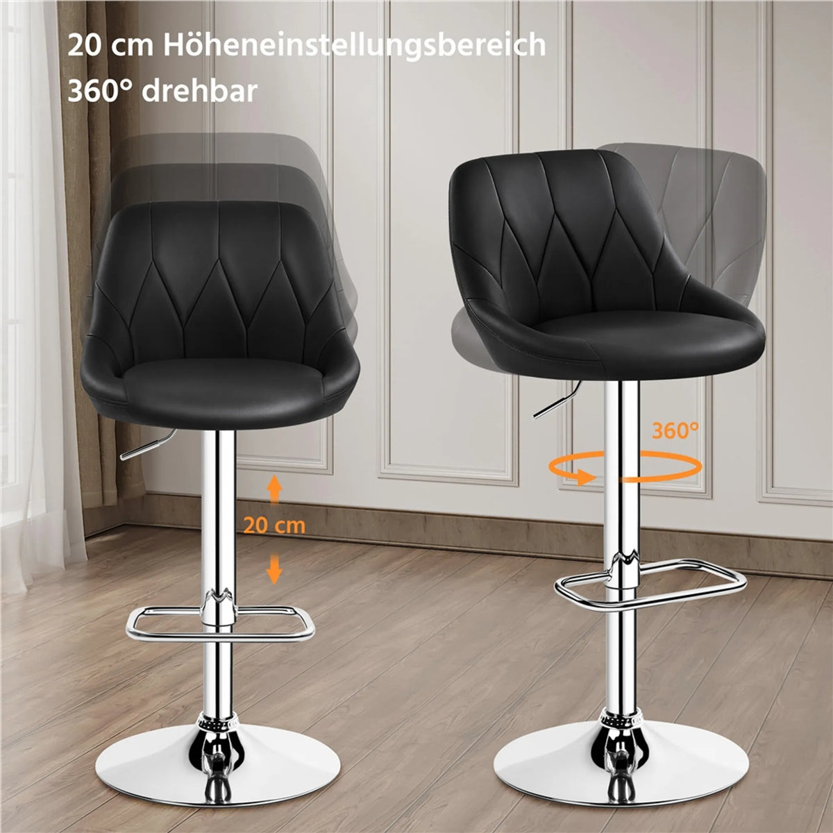 Yaheetech 2er-Set verstellbare Barhocker mit Rückenlehne 86–107,5 cm – Elegantes Schwarz – Kunstleder und Metall