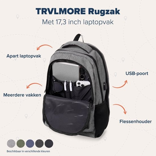 TRVLMORE Rucksack - 36L - 17 Zoll - Laptop-Rucksack - Schultasche - Unisex - Spritzwassergeschützt Grau