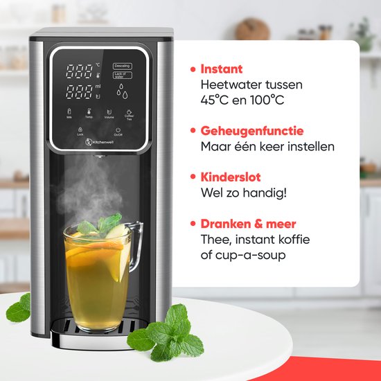 Kitchenwell - Heißwasserspender 3l - 2600W - Touch Display - Milchfunktion - Wasserkocher - Edelstahl/Schwarz