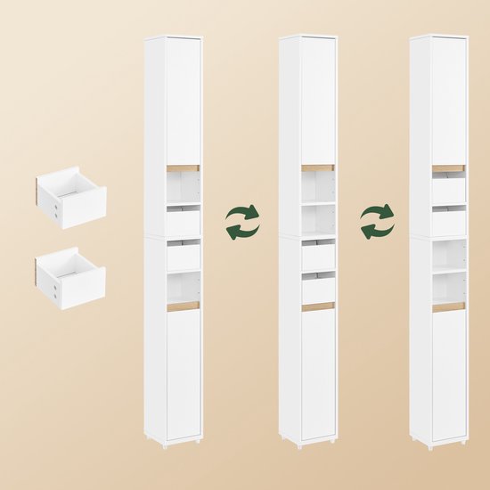 SoBuy BZR151-W Badezimmerschrank für schmale Räume, kompakter Aufbewahrungsschrank mit verstellbarem Einlegeboden und Schublade, für Badezimmer, Toilettenschrank aus Holz, weiß, 20 x 20 x 96 cm