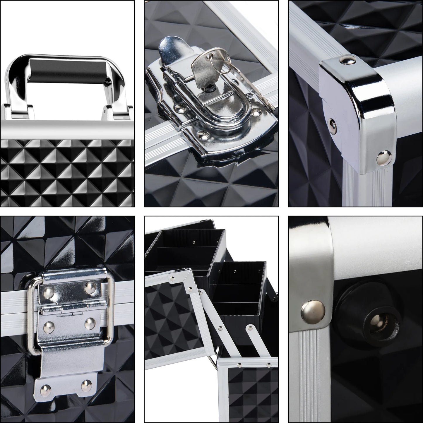 Yaheetech Schminkkoffer Beautycase - Mit 3 Schichten und verstellbaren Fächern und Schloss mit Schlüsseln - Für Kosmetiker und Friseure - Schwarzes Aluminium - 34,7 x 22,2 x 25 cm