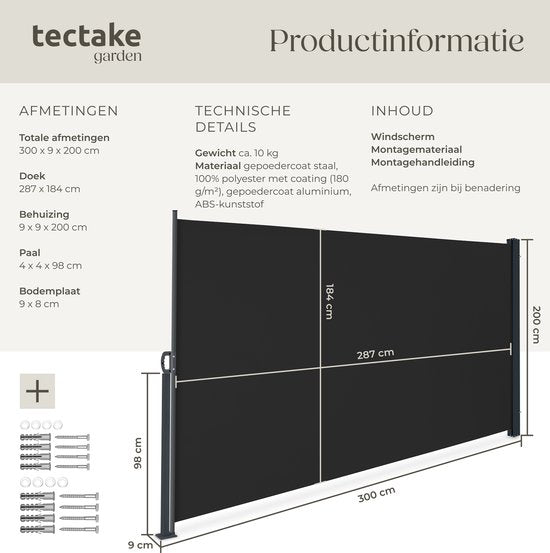 tectake® Ausziehbarer Windschutz mit Aufrollmechanismus – 300 x 200 cm – Seitenmarkise mit Aluminiumrahmen – Sonnenschutz – Gartenschutz – Schwarzer Balkon-Sonnenschutz – Undurchsichtiger Sichtschutz – Markisentuch