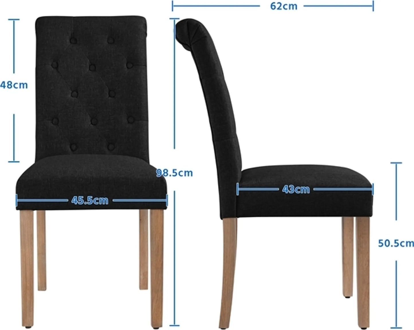 Yaheetech Esszimmerstuhl mit hoher Rückenlehne 2 Stück - Mit gepolsterter Rückenlehne und massiven Eichenbeinen und verstellbaren Schutzbeinen - Für Küche und Restaurant - Schwarzes Polyester und Eiche - 45,5 x 62 x 98,5 cm