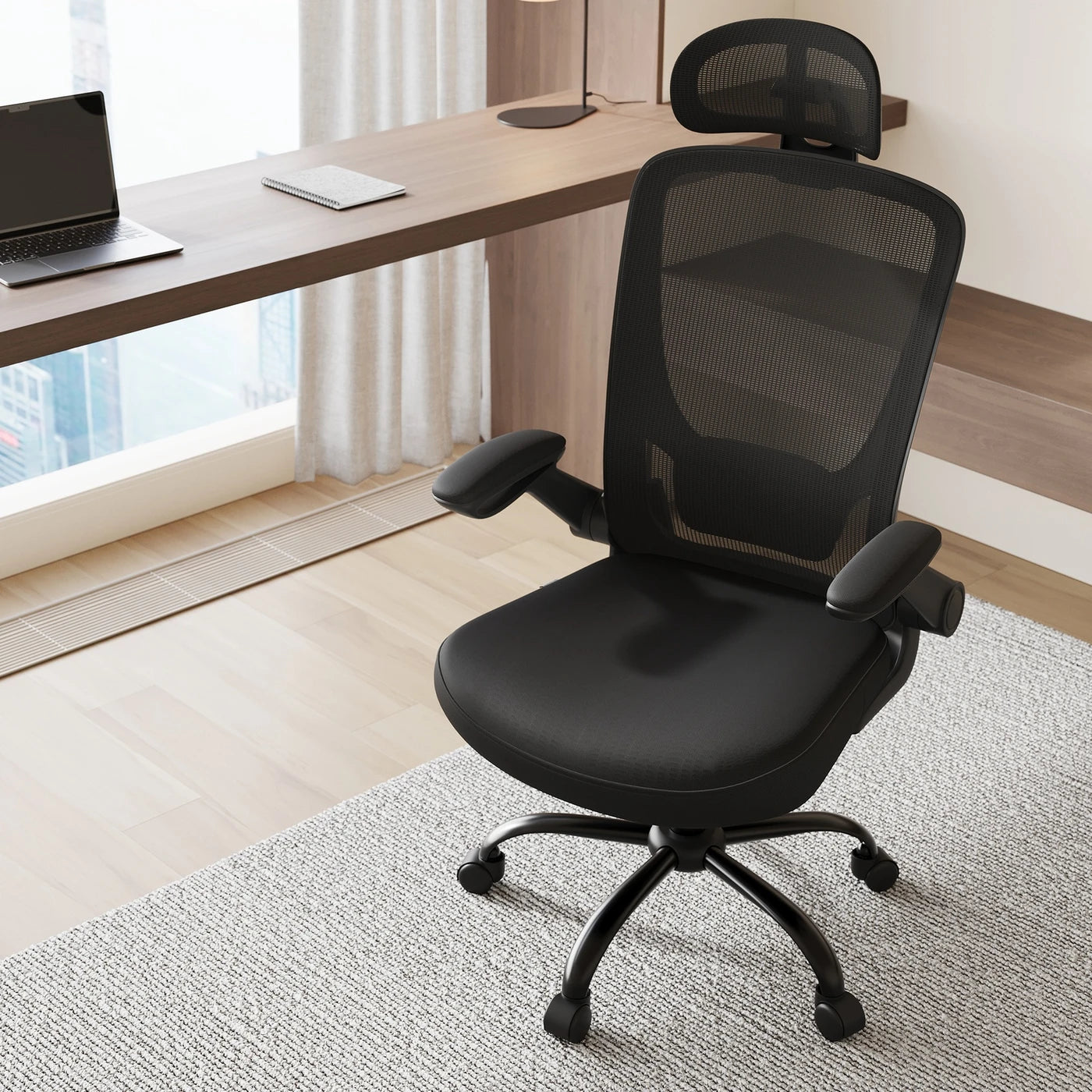 Joyfurnos Ergonomischer Bürostuhl aus Netzgewebe – Verstellbare Lendenwirbelstütze und Kopfstütze – Neigungsfunktion – 64 x 64 x 115–130 cm – Tiefschwarz