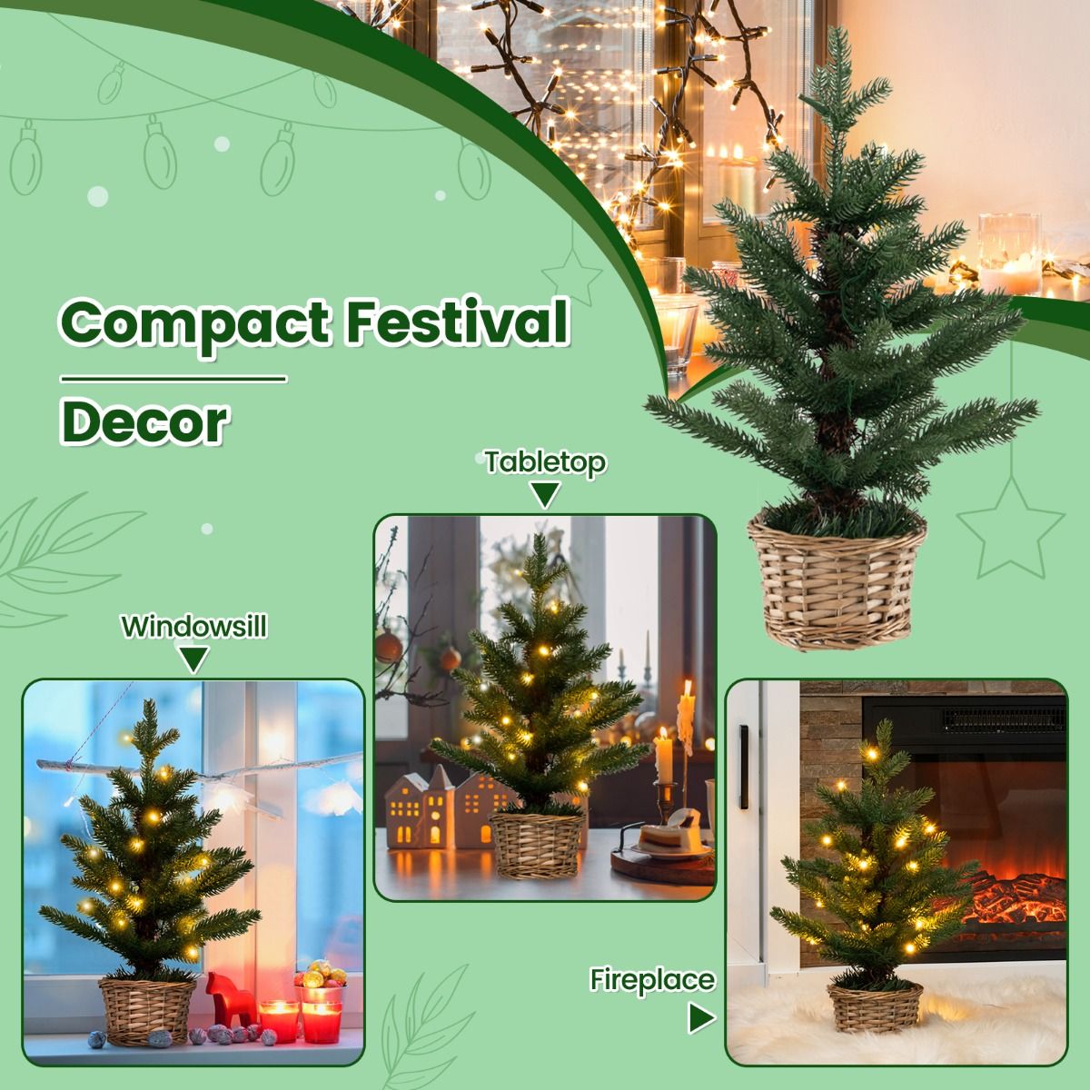 Coast Illuminated Künstlicher Mini-Weihnachtsbaum im Topf - 48 cm hoch - Grün/Natur - 96 Zweigspitzen - 20 warmweiße LED-Lichter - Timer - Weidentopf