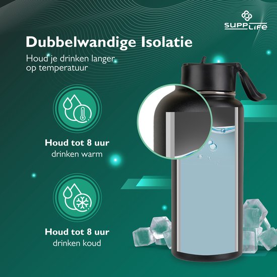 Supplife Luxus-Thermosflasche / Trinkflasche aus Edelstahl – 1 Liter – BPA-frei und auslaufsicher – Trinkflasche mit Strohhalm – Doppelwandige Isolierung – Thermosbecher – Ausgießverschluss und Verschluss mit Strohhalm – Inklusive Reinigungsbürste – Schwa