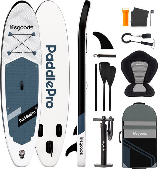 LifeGoods SUP Board All-round Compact - Mit Sitz - 100 KG Tragfähigkeit - 300 x 76 cm - Aufblasbar - Komplettes SUP Paket - Schwarz/Weiß
