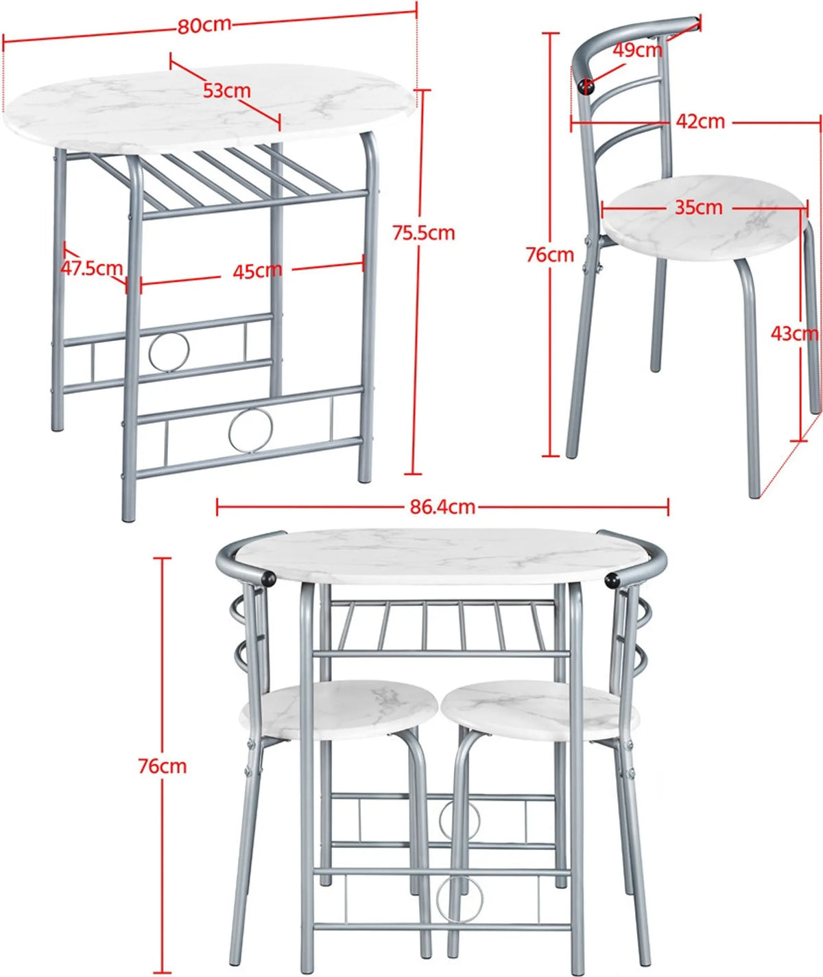 3-teilige Essecke mit Tisch und 2 Stühlen in Holzoptik aus MDF und mit Metallgestell in Weiß, 80 × 53 × 73,5 cm