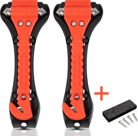 Sicherheitshammer - 2 Stück - Nothammer mit Sicherheitsgurtschneider - inkl. Halterung und Befestigungsmaterial - Orange