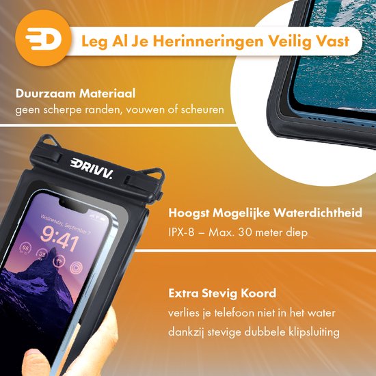 Drivv. Wasserdichte Handytasche 2 in 1 mit Kabel - Universal bis zu 6,7 Zoll - Unterwassergehäuse Telefon - Schwarz