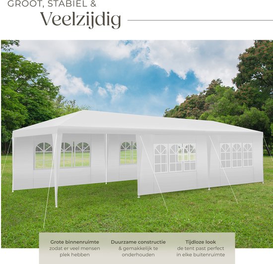 tectake® Pavillon Miramas - Partyzelt 9x3 m - Weiß - 8 abnehmbare Seitenteile - UV- und wasserbeständiger Gartenpavillon - Inklusive Spannleinen und Heringe - Vordach