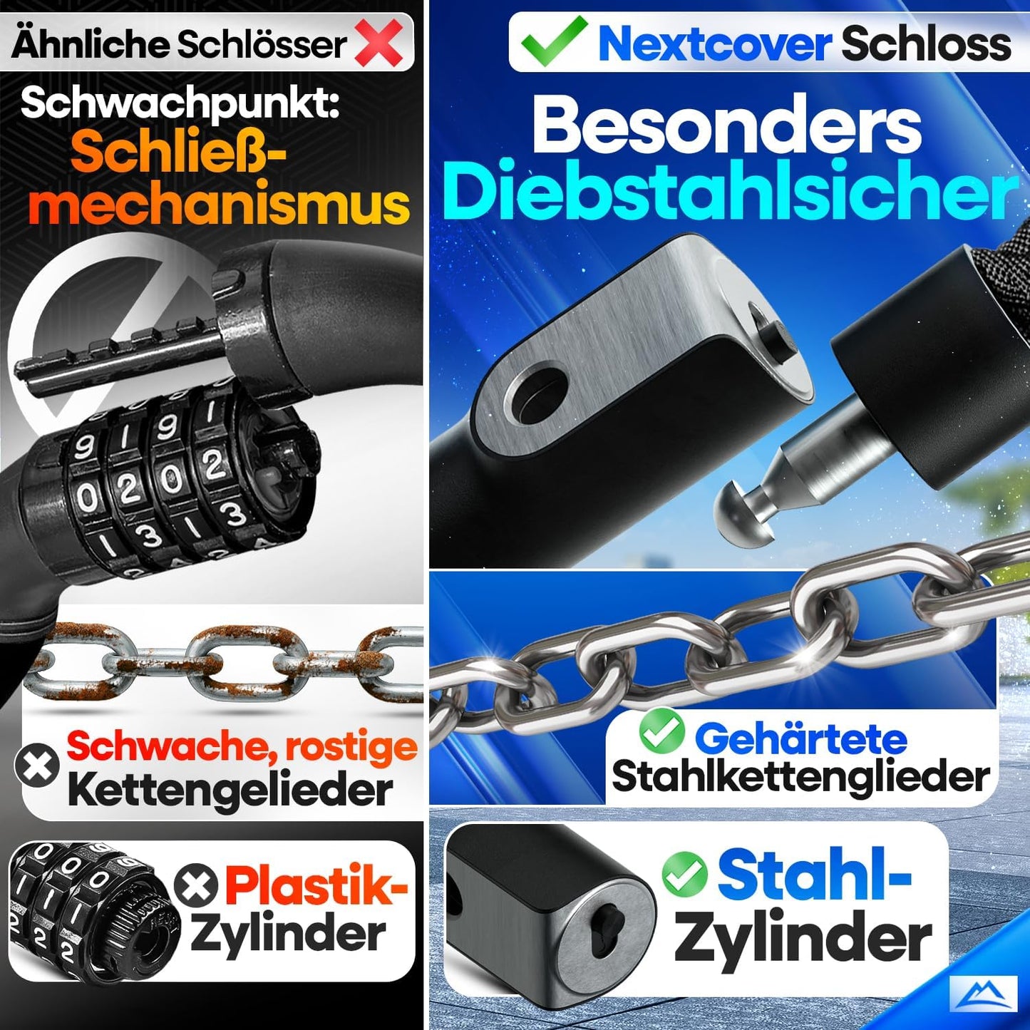NEXTCOVER® Fahrradschloss LockOne mit Schlüssel I - [SAFE] Fahrradschloss hohe Sicherheit I robustes & langlebiges Kettenschloss Fahrrad I Fahrradschloss, Fahrradschloss 3 Schlüssel