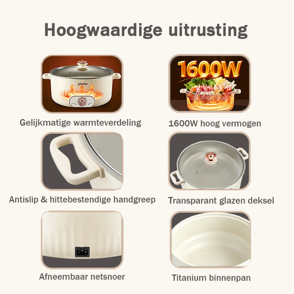 Plodon Elektrischer Hotpot 7 Liter – Multifunktionaler Kochtopf mit Antihaftbeschichtung – 1600 W – Ø 30,5 x 8,5 cm – RHG-70XVv