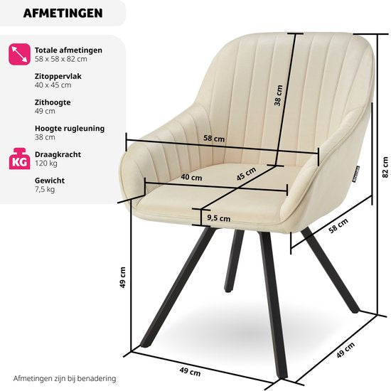tectake - Esszimmer-Drehstuhl mit Armlehnen - Ergonomischer Schalensessel mit Samtbezug - Gepolstert - Drehstuhl für Wohnzimmer, Esstisch, Arbeitszimmer, Frisiertisch und Küche - Creme
