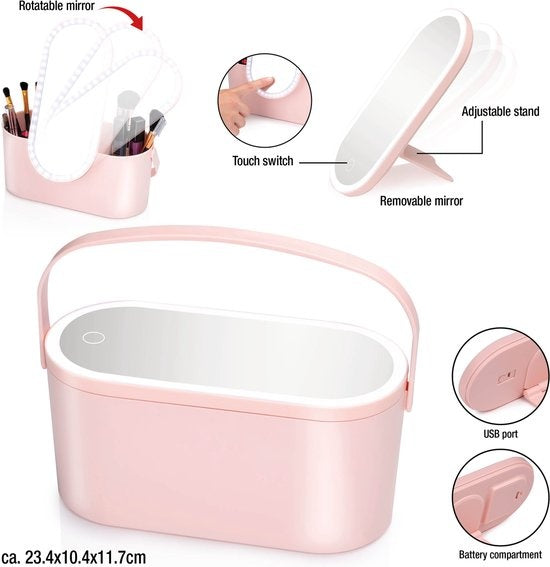 Touch Of Beauty Make Up Organizer mit LED-Spiegel - Travel Beautycase - 24.1 x 10.4 x 11.7CM - Einstellbare LED-Beleuchtung - Inkl. USB-Ladekabel - Kunststoff - Pink