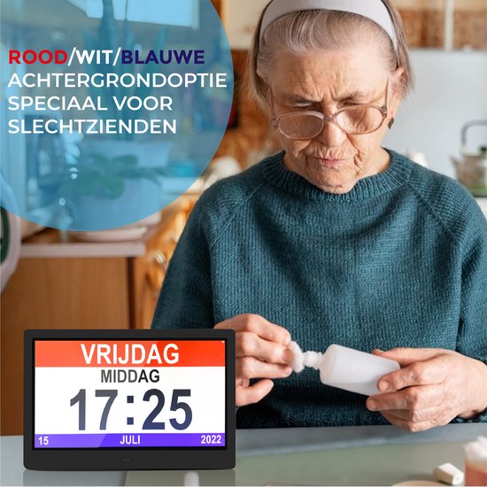 TTD® Demenz-Uhr XXL 10 Zoll mit extra langem Kabel - Kalenderuhr mit Tag, Datum & Wetter - Analog- & Digitalanzeige - 20 Alarme und 3 Medikamentenalarme - Wi-Fi - Für ältere Menschen, Sehbehinderte, Senioren und Alzheimer - Automatische Zeitsynchronisatio