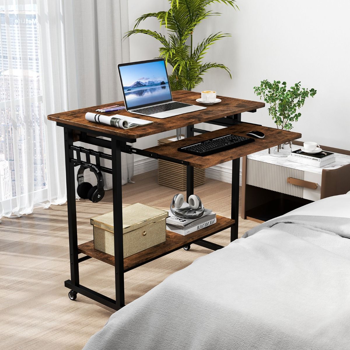 Coast Computertisch auf Rollen – mit Tastaturablage und Ablagegestell – Vintage-Braun – 80 x 50 x 78 cm
