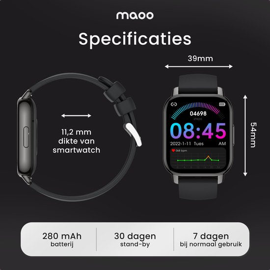 Maoo Amplify 2 Smartwatch Damen und Herren - Geeignet für Android und iOS - Silikon & Milanese Band - WhatsApp Kompatibel - Volle Belfunktion - Multisport - Herzfrequenzmesser und Blutdruckmesser - Schlafmonitor - Valentinstag Geschenk - Schwarz