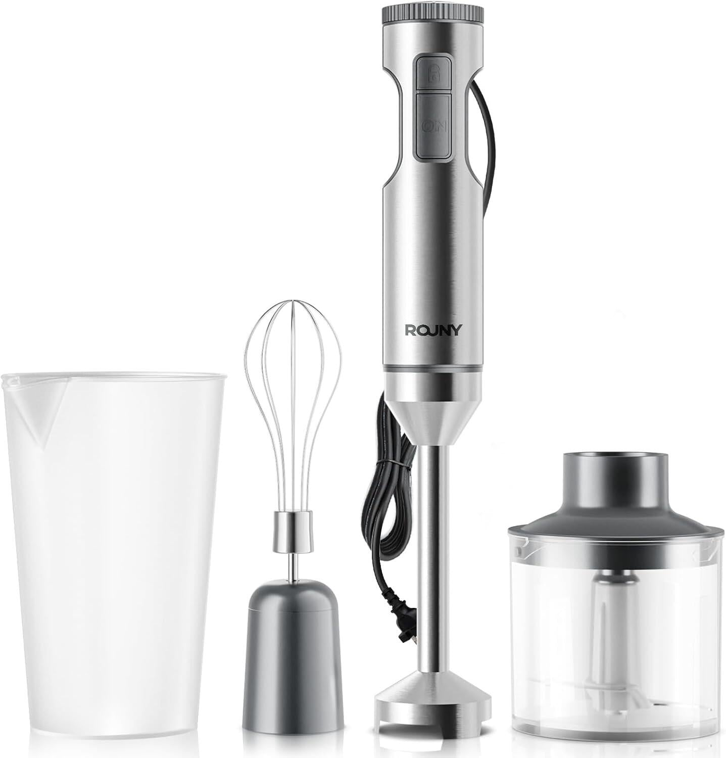 Rouny 4-in-1-Stabmixer PHB8001 – 1200 W – mit 700-ml-Messbecher, Schneebesen und 500-ml-Zerkleinerer – Edelstahl – Sicherheitsverriegelung