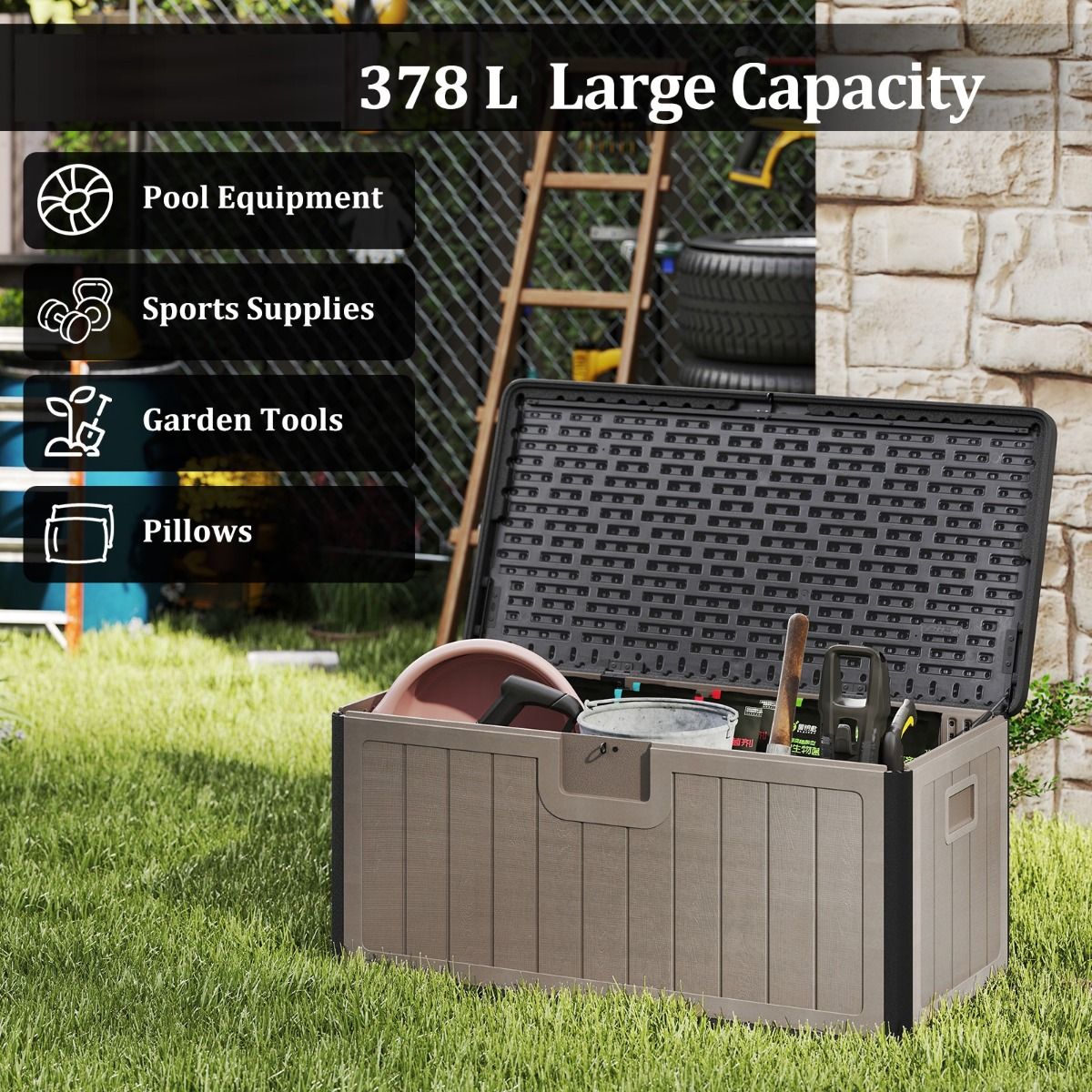 Coast Gartenbox – Kissenbox 378 Liter – Wasserdicht – Mit abschließbarem Deckel – Schwarz und Braun