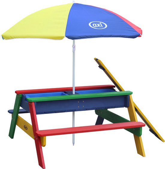AXI Nick Zand & Water Picknicktisch in Regenbogenfarben – Verstellbarer Sonnenschirm – FSC-zertifiziertes Holz – Picknicktisch aus Holz für Kinder