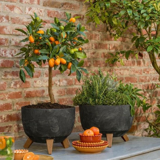 Mica Decorations Doppio Pflanzkübel auf Füßen – 18,5 x Ø 33 cm – Pflanzkübel für den Außenbereich – Blumenkästen für den Balkon – recycelter Kunststoff – Schwarz