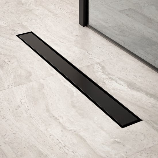 Duschrinne – 70 cm – Mattschwarz – Fliesengitter – Edelstahl – Mit Flansch