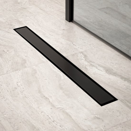 Duschrinne – 70 cm – Mattschwarz – Fliesengitter – Edelstahl – Mit Flansch
