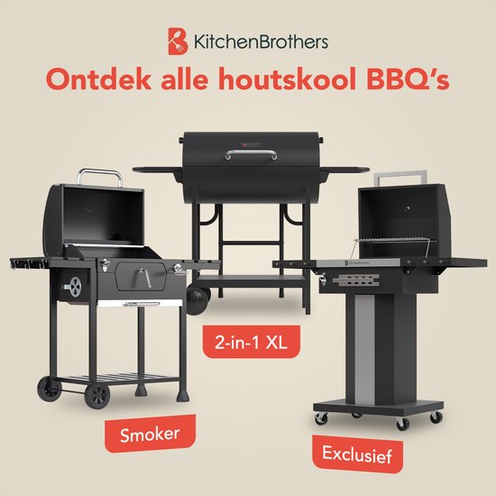 KitchenBrothers 2-in-1 Charcoal BBQ XL - Einstellbare Lüftungsschlitze - Doppel-BBQ - Beistelltische - Grillrost BBQ - Schwarz