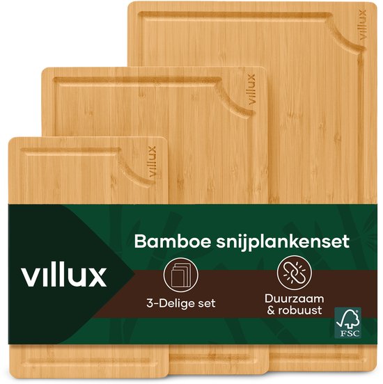 Villux Schneidebrett – Schneidebrett-Set – Schneidebrett aus Holz – Schneidebretter – Schneidebrett aus Bambus – Holzschneidebrett – Tapas-Brett – Snack-Brett – Servierbrett – Häppchenbrett – Inklusive E-Book - 3 Stück - Bambus