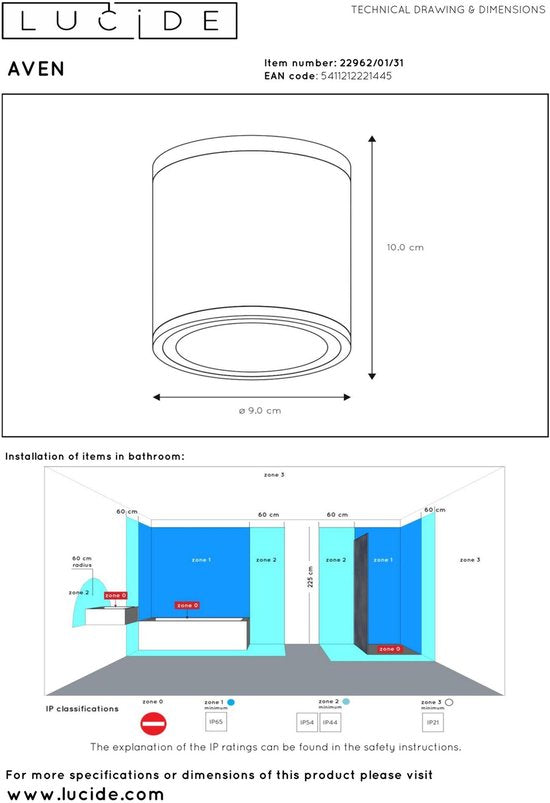 Lucide AVEN – Deckenstrahler (Deckenleuchte) für das Badezimmer – Ø 9 cm – 1xGU10 – IP65 – Weiß