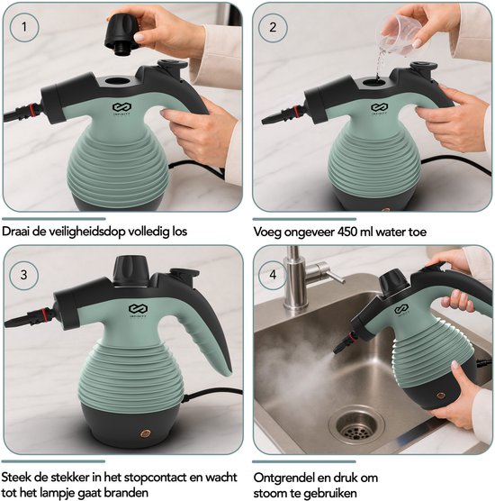 Infinity Goods Dampfreiniger – 12-in-1-Handdampfreiniger – Handdampfreiniger – Fleckenentferner – Teppichreiniger – 10 Aufsätze – 1050 Watt – 3,2 bar – Grün