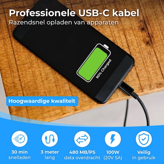 Nuvance USB-C-Kabel – 100 W – USB-C auf USB-C – 3 Meter – USB-C-Kabel – Schnellladegerät – 480 Mb/ps Datenübertragung – USB-C-Ladegerät – Schwarz