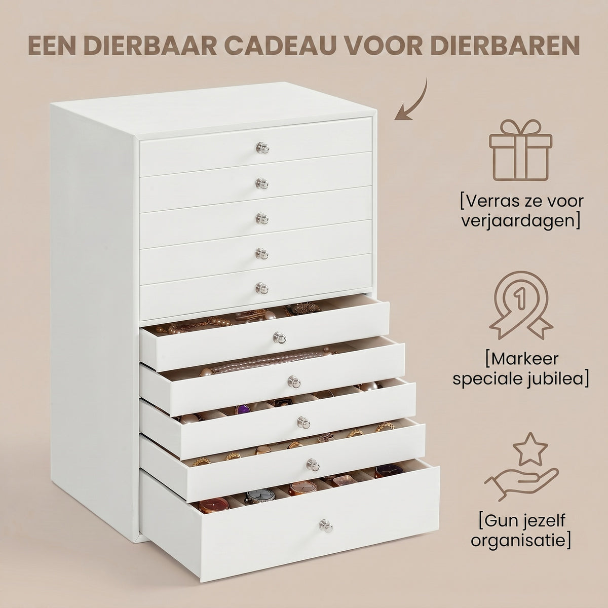 JOYFURNOS Schmuckorganizer mit Schubladen, große Aufbewahrungsbox, moderne Geschenkidee für das Schlafzimmer, 10 Ebenen, weiß