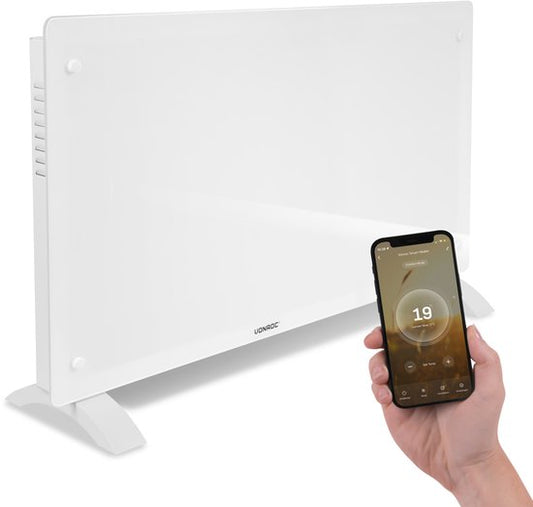 VONROC Luxury electric heater - Konvektorheizung mit Glasscheibe - 1250W/2500W- Beheizt Räume bis zu 30m2 - Gesteuert sowohl mit App (über Wifi) als auch manuell - Einstellbarer Thermostat und Timer - Weiß