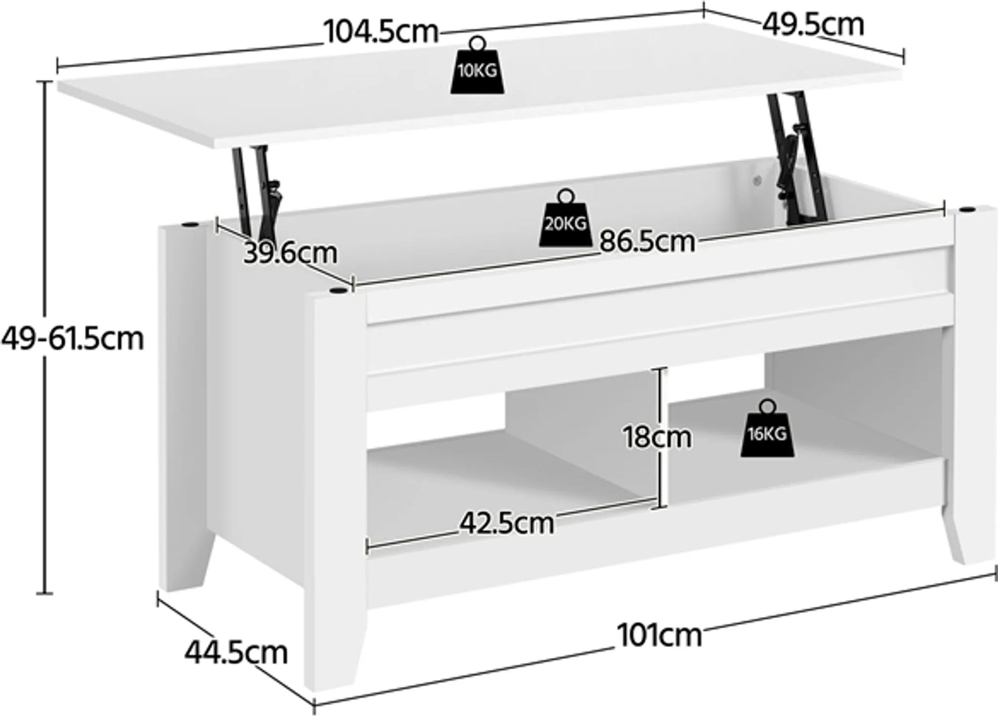 Yaheetech Couchtisch mit Lift-Top-Funktion - Mit versteckter Lagerung und zwei offenen Regalen und Federmechanismus - Für Wohnzimmer und kleine Räume - Weiß Mdf und Metall - 104,5 x 49,5 x 49-61,5 cm