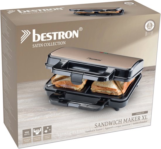 Bestron Sandwichtoaster – ASM90XLSAT – 900 W – Für 2 Sandwiches – Antihaftbeschichtung – Weiß/Grau – 5 Jahre Garantie