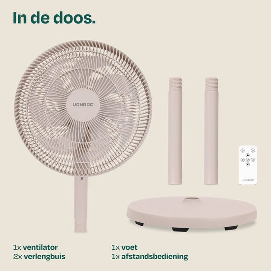 VONROC Bodenventilator – 3 Geschwindigkeitsstufen – inkl. Fernbedienung – Timer – in 3 Höhen verstellbar – beige